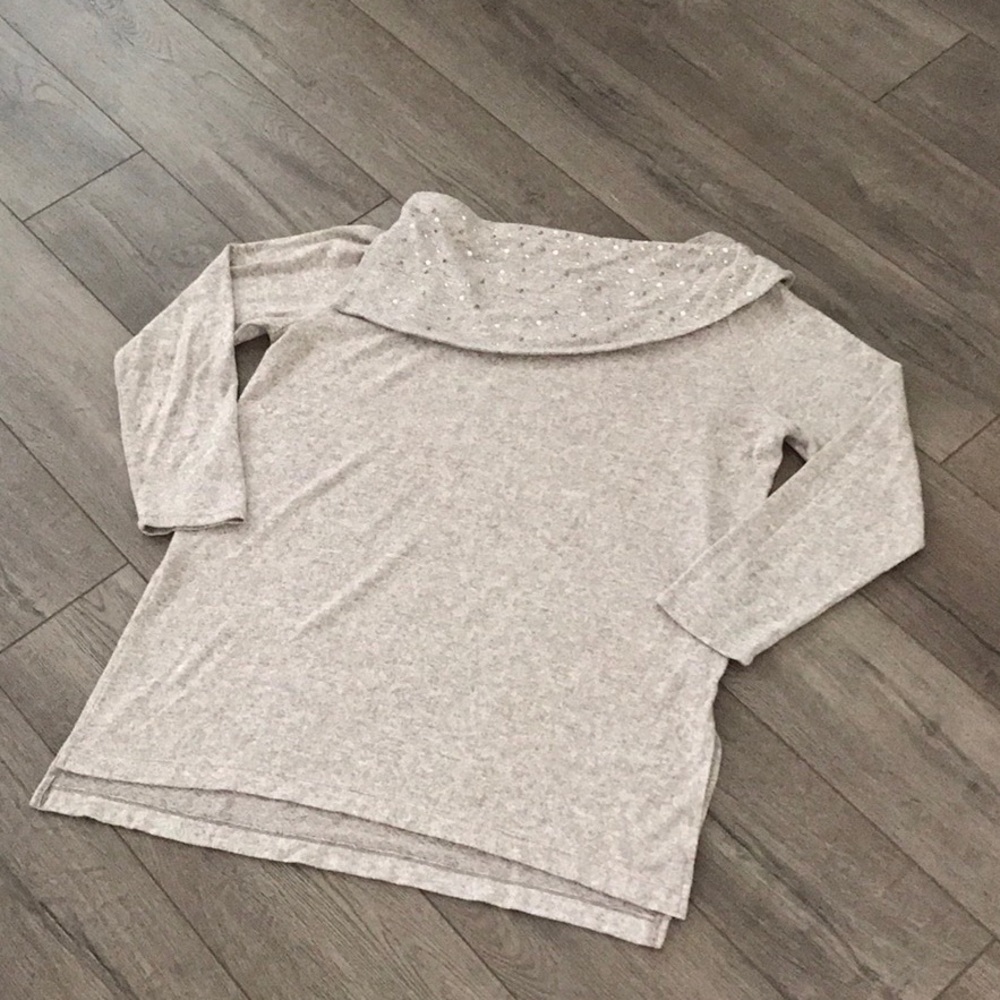 Chico's Light Gray Jewel-Trim Cowl Neck Sweater